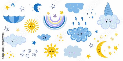 Whimsical collection of cartoon weather elements and celestial bodies