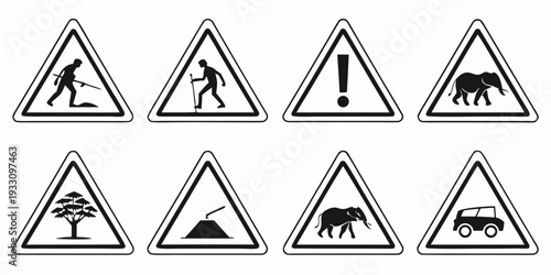 Collection of various warning signs and symbols for different hazards and precautions. Vector
