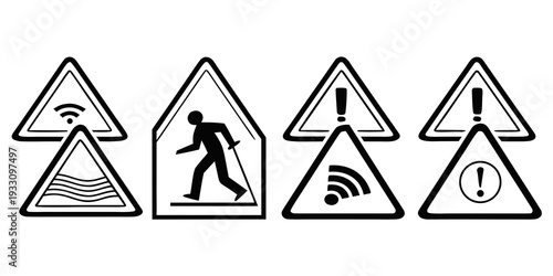 Four road signs indicating no radio, no pedestrians, no camping, and no horn honking. Vector