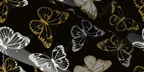 Elegant butterflies in shades of gold silver and black create a seamless pattern