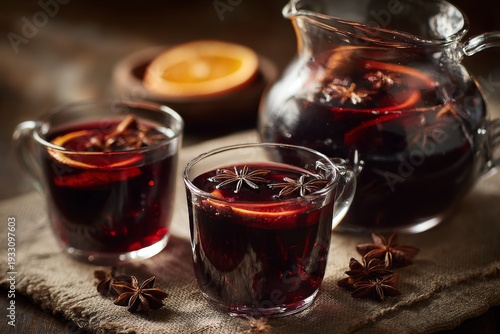 Two glasses of Mulled Wine with star anise and orange slices on burlap cloth, large pitcher filled with same beverage. Concept of hot spiced wine beverage traditional, cozy rustic vibe.