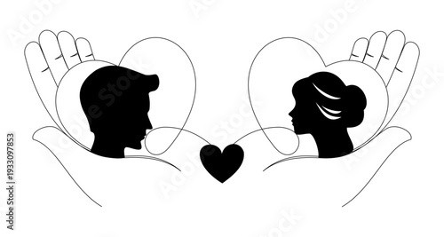 silhouette of a bride and groom decorated with hearts and praying hands
