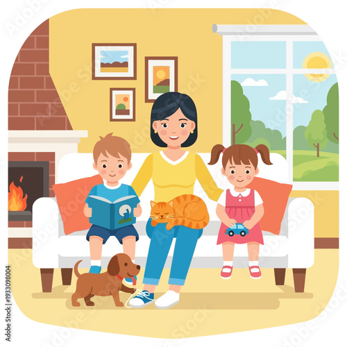 Family enjoying cozy time at home with pets, reading and playing