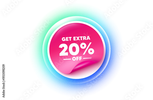 Extra discount sticker blue gradient. Paper offer price tag. Get Extra 20 percent off Sale. Discount offer price sign. Special offer symbol. Save 20 percentages. Sticker label. Vector