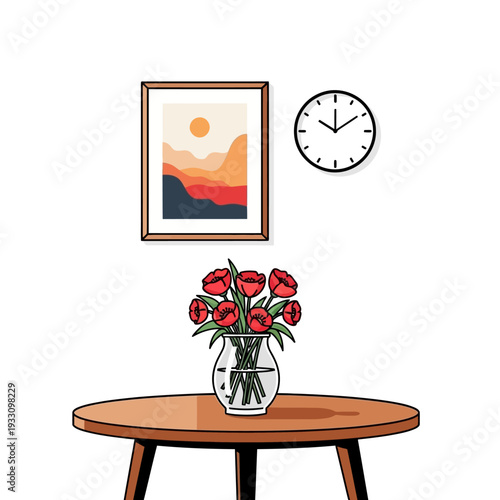 Cozy room corner with abstract art, flowers, and clock on wall