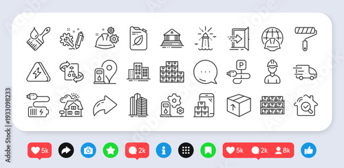 Truck delivery, Foreman and Lighthouse line icons pack. Social media: share, comment, like icons. Global engineering, Boxes shelf, Working process web icon. Vector