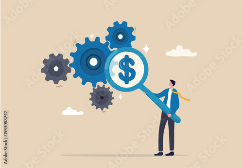 Cost effective, reduce cost and time to maximize better quality result, optimize cost and expense for better profit strategy concept, businessman with magnifier dollar money from cog gear production