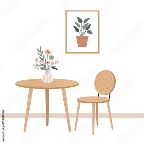 Cozy Scandinavian Dining Nook: Wooden Table, Chair, and Potted Plant Art