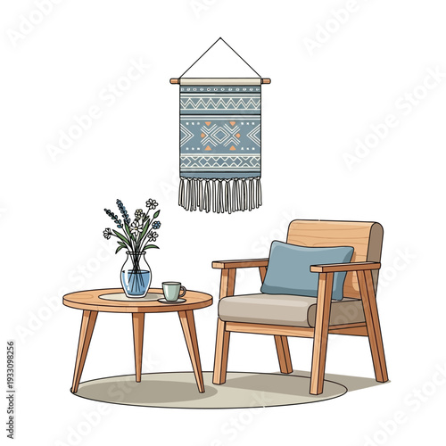 Cozy Scandinavian living room corner with armchair, coffee table, and wall hanging.