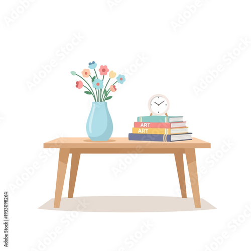 Cozy table with flowers, books, and clock. Home decor, study, relaxation.