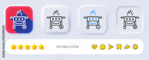 Gas grill line icon. Neumorphic, Flat shadow, 3d buttons. Barbecue cooker for cooking food sign. Meat brazier symbol. Line gas grill icon. Social media icons. Vector