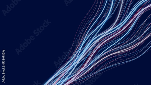 Futuristic fiber optic data stream with glowing light waves on dark blue background