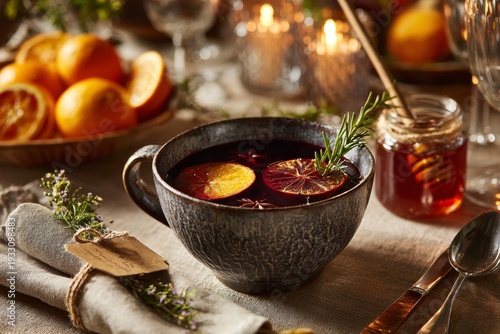Mulled Wine in ceramic bowl with orange slices, rosemary, thyme sprig tied with twine. Concept of cozy, inviting atmosphere, perfect for hot spiced wine beverage traditional enjoyment.