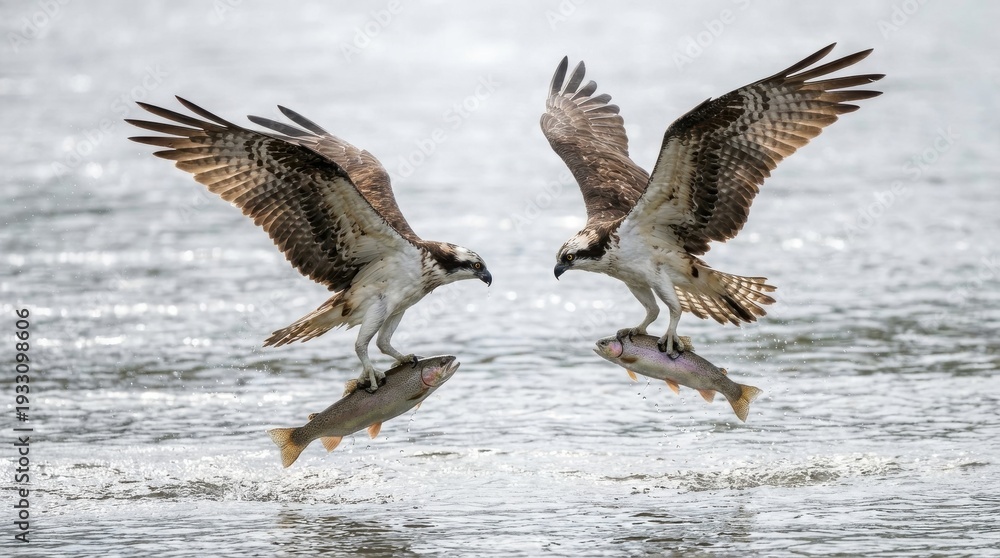 Fototapeta premium Two Ospreys In Mid-Air Clutched Fish In Their Talons While Flying Over Water