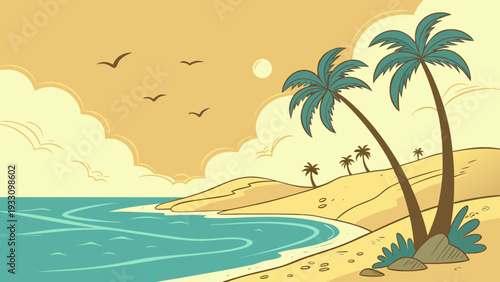 A serene beach scene with palm trees and calm waters at sunset or sunrise