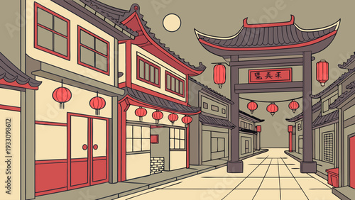 Traditional Chinese street scene with pagoda style buildings and lanterns at night