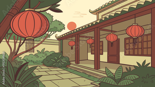 Asian style house with red lanterns hanging in garden and courtyard area