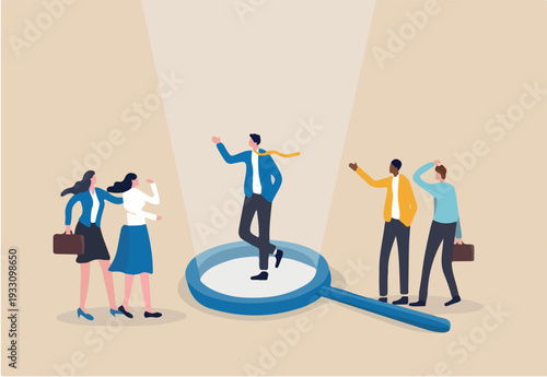Chosen candidate, winning applicant to get new job, HR or human resources, hire outstanding candidate, employment and recruitment concept, outstanding businessman on magnifying glass among applicants