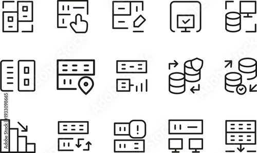 Data center and server line icon set, cloud hosting and IT infrastructure outline symbols