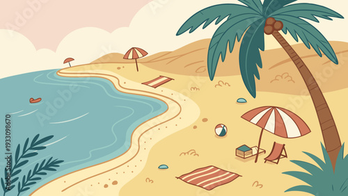 Cartoon illustration of a serene beach scene with palm tree and colorful umbrellas
