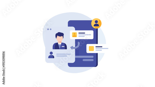 Flat design illustration of a mobile phone with chat bubbles and user profiles on a light blue background with blue and yellow accents.