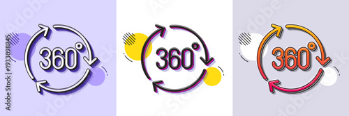 360 degree line icon. Halftone dotted pattern. Gradient icon with grain shadow. VR technology simulation sign. Panoramic view symbol. Line 360 degree icon. Various designs. Vector