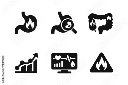 gastritis inflammation digestive disease medical solid black icon set vector illustration