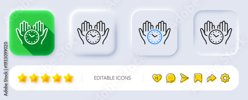 Safe time line icon. Neumorphic, Flat shadow, 3d buttons. Clock sign. Hold watch symbol. Line safe time icon. Social media icons. Vector