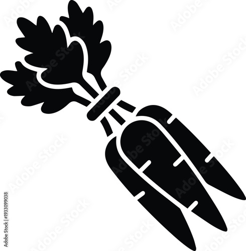 Minimalist black vector silhouette icon of a fresh bunch of organic carrots with leaves, representing healthy vegan diets, farm agriculture, and spring garden vegetable harvests.