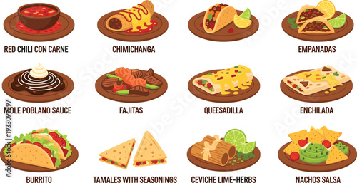 Mexican food collection with burrito quesadilla enchilada fajitas tacos nachos and traditional Latin cuisine flat vector illustration set