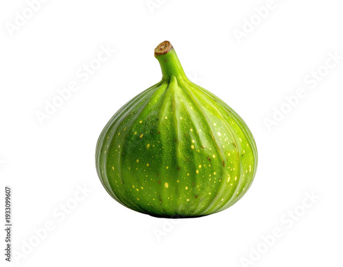 A ripe green fig with subtle yellow speckles, isolated on a white background