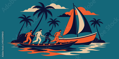 Vintage illustration of people pulling a sailboat ashore near palm trees