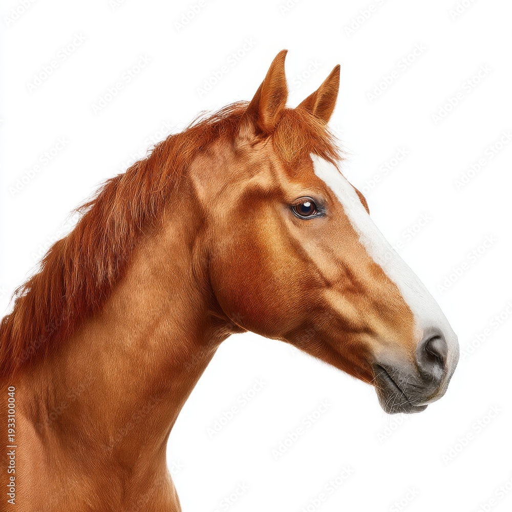 Fototapeta premium Majestic chestnut horse portrait with flowing mane and expressive eyes, captured against a clean white background