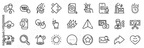 Photo camera, Phone video and Research line icons pack. Share, Message, Paper plane icons. Cut tax, Fast delivery, Reminder web icon. Search mail, 360 degree, Music phone pictogram. Vector