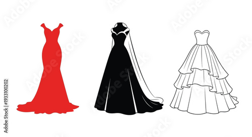 Three elegant gowns displayed in contrasting colors a striking silhouette