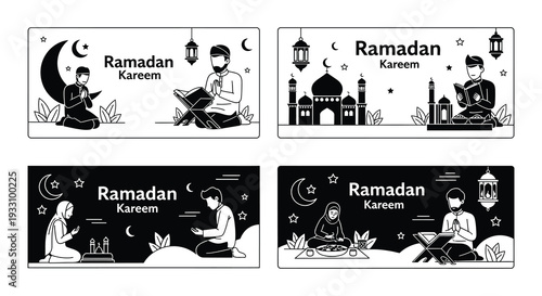 Ramadan kareem illustrations featuring islamic motifs and people praying