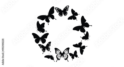 A circular arrangement of butterflies creates an elegant design silhouette