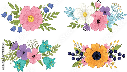 Watercolor floral bouquet collection with colorful wildflowers leaves and berries decorative botanical vector illustration set isolated on white