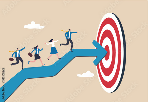 Team target or achievement, teamwork or leadership to lead to achieve goal, business direction or success, career path or growth concept, business people coworkers walking up arrow to reach target.