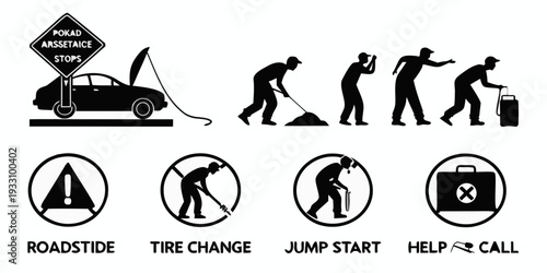 Illustrated steps for changing a flat tire on a vehicle Vector