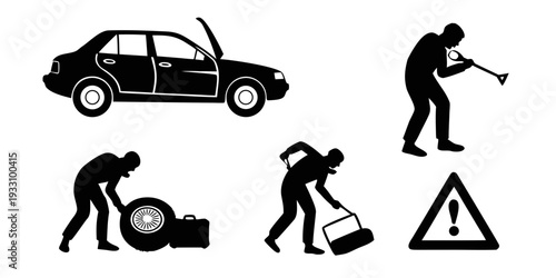Illustrations of car maintenance tasks and a warning sign Vector