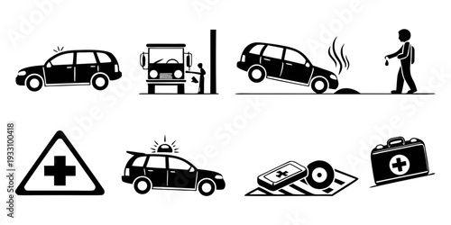 A sequence of icons depicting a car accident and the subsequent emergency response process Vector
