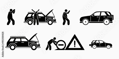 Illustration of various roadside assistance and vehicle-related scenarios. Vector