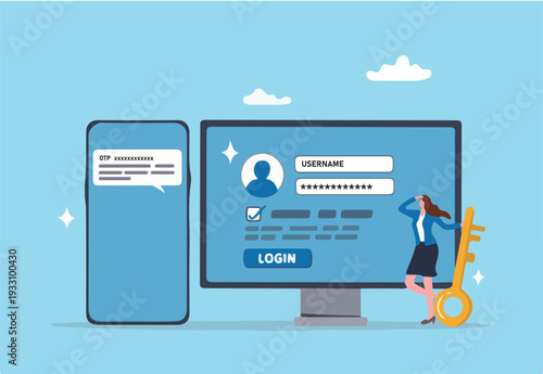 One time password, OTP on double security to login or sign in to internet account, safety or protection for software accessibility, privacy, login with computer and OTP password on mobile phone