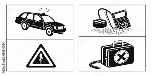 Road safety symbols: car accident, construction warning, and prohibited items Vector