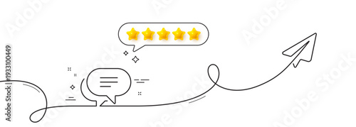 Text message line icon. Continuous line with share plane. Chat comment sign. Speech bubble symbol. Five star rate review in speech bubble. Text message single line ribbon. Loop curve pattern. Vector