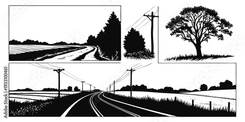 A serene landscape featuring a rural road, trees, and a distant horizon. Vector