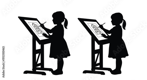 Two young girls drawing at easels a striking black silhouette