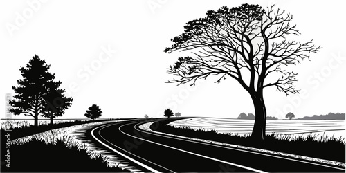 A serene landscape with trees and a winding path under a clear sky Vector