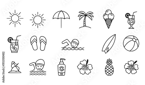 Tropical Summer and Beach Thin Line Icons